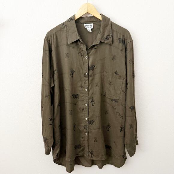 CHICO'S DESIGN | Olive Army Green Black Print Abstract Button Down | Size 3, XL - Picture 1 of 7